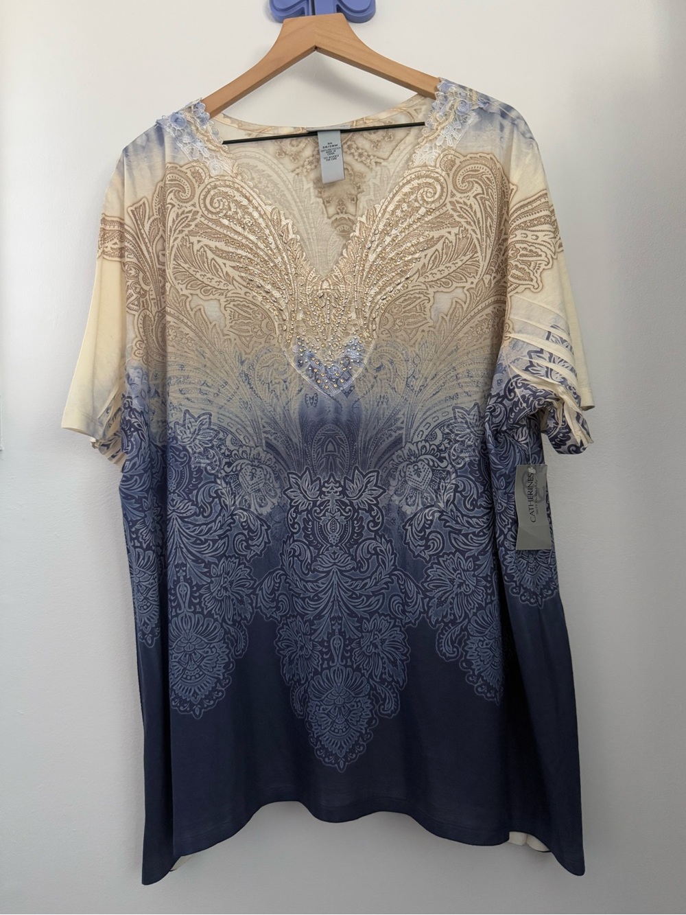 Catherine’s 3X NEW Floral Paisley Blouse Cream Navy Fairy Medieval Boho Coquette